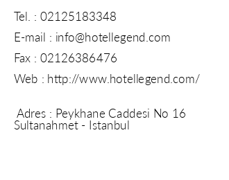 Hotel Legend Sultanahmet iletiim bilgileri